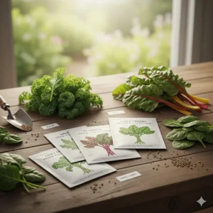 A vibrant illustration of a leafy greens vegetable seed collection featuring kale, spinach, and swiss chard.