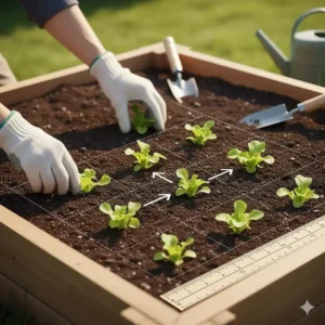 An illustration showing the proper 12-inch spacing for lettuce seeds for planting in a raised garden bed.