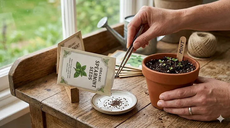 A wooden table featuring a packet of mint seeds for planting next to a small terracotta pot with fresh green mint sprouts.