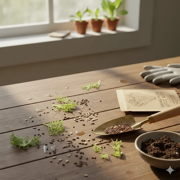 A variety of organic lettuce seeds for planting spread across a wooden table next to a small garden trowel.