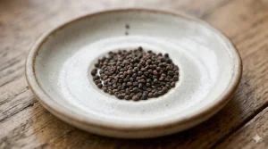 Macro view of tiny dark brown mint seeds for planting on a white surface.