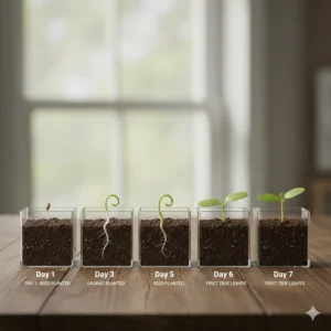 Step-by-step illustration of an organic tomato seed sprouting from soil over seven days.