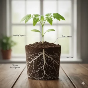 Cross-section illustration of healthy root development from a high-quality organic tomato seed.