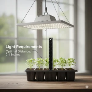 Infographic showing the optimal distance between a grow light and organic tomato seed starts.