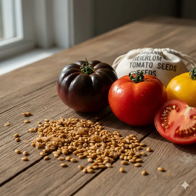A collection of various organic tomato seeds drying on a wooden surface next to fresh heirloom tomatoes.