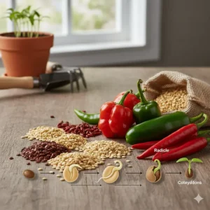 A step-by-step illustration of a hot pepper seed sprouting its first root and "hook" stem.