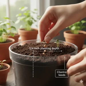 Diagram showing cilantro seeds being planted 1/4 inch deep in nutrient-rich potting soil.
