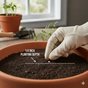 Graphic showing the ideal 1/4 inch planting depth for hot pepper seeds in a garden pot.