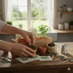 Illustration of how to plant seeds from a herb garden seed kit into compressed soil discs.
