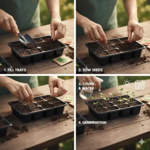 A step-by-step diagram showing how to plant seeds from a vegetable seed collection into starter trays.