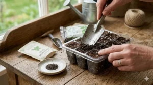 A hand leveling nutrient-rich potting soil in a tray prepared for sowing mint seeds.