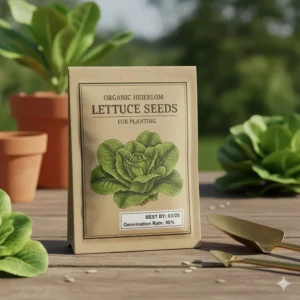 A high-quality heirloom lettuce seed packet showing labels for "lettuce seeds for planting" and germination rates.
