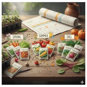 Illustration showing a vegetable seed collection categorized by spring, summer, and fall planting seasons.