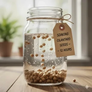 Illustration of cilantro seeds soaking in a glass of water to improve germination rates before planting.