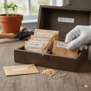 Illustration of dried hot pepper seeds stored in labeled paper envelopes in a cool, dark container.
