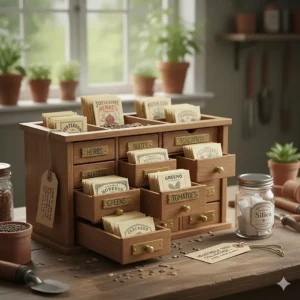 An illustration showing the proper way to store a vegetable seed collection in a cool, dry organizer.