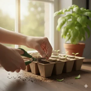 Using scissors to thin out crowded basil seedlings to ensure healthy growth.