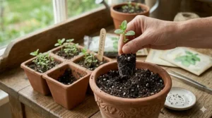 Moving established mint plants grown from seeds into larger garden containers.