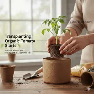Illustration showing when to move organic tomato seed starts from small cells to larger biodegradable pots.