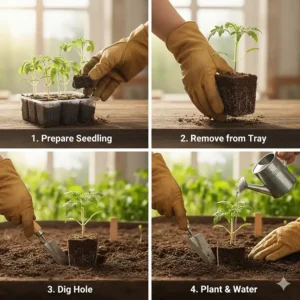 A step-by-step illustration of moving young vegetable plants from starter trays to a backyard garden.