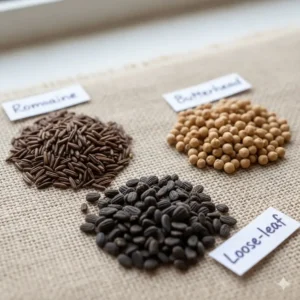 A close-up comparison of different lettuce seeds for planting, including Romaine, Butterhead, and Loose-leaf varieties.