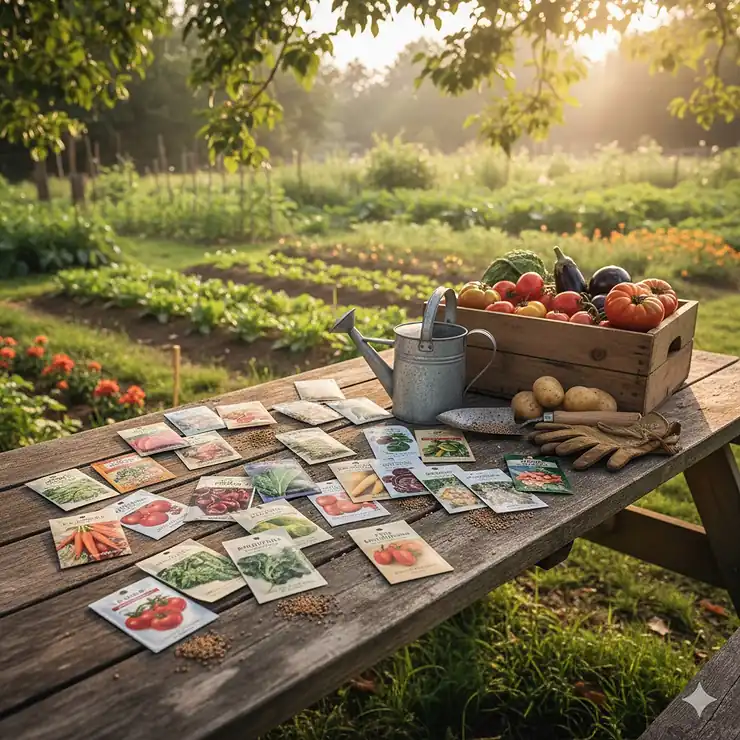 A comprehensive vegetable seed collection displayed with gardening tools and heirloom tomatoes on a rustic wooden table.
