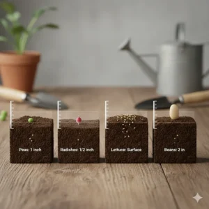 A cross-section illustration showing how deep to plant different vegetable seeds for beginners.