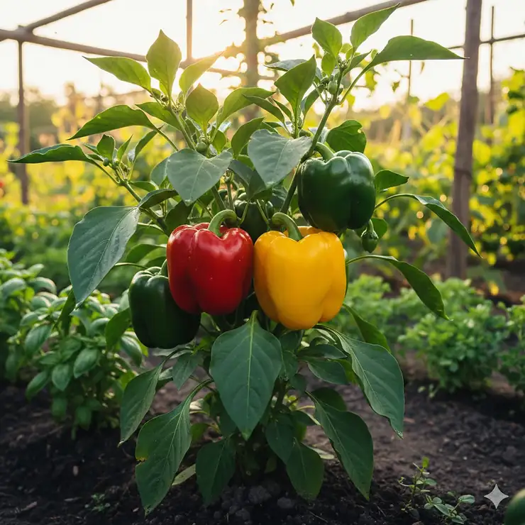 A variety of red, yellow, and green bell peppers growing on a healthy plant in a sunny backyard garden. bell peppers to grow