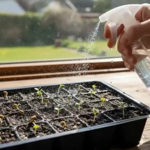 Using a spray bottle to gently water newly sown lettuce seeds for planting to keep the soil surface moist.