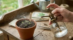 Using a spray bottle to gently mist soil containing newly planted mint seeds.