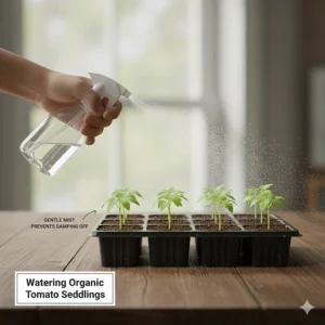 Illustration of a misting bottle gently watering newly sprouted organic tomato seeds to prevent damping off.