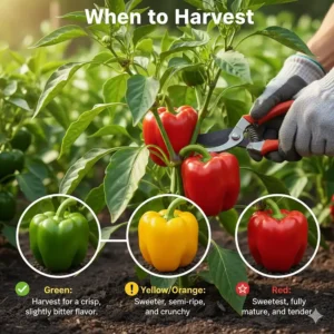 An illustration showing the size and color indicators for the best time to harvest homegrown bell peppers.