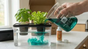 Illustration of adding liquid nutrients to the water reservoir for a grow anything seed kit.