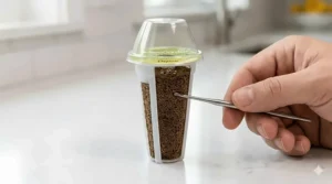 Close-up of an AeroGarden seed pod showing the plastic cage, peat moss grow sponge, and seeds.