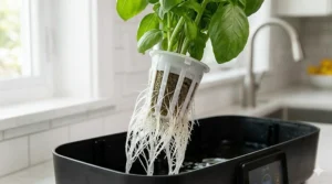 Healthy white roots growing out of an AeroGarden seed pod into the water reservoir.