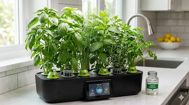 A countertop AeroGarden indoor garden featuring lush green herbs grown from AeroGarden seed pods.