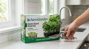 A pack of 6-pod AeroGarden seed pods including liquid plant food and grow domes.