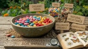 Honeybees pollinating flowers grown from organic seeds in a chemical-free environment.