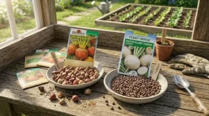 Colorful beet and turnip seeds displayed before being sown in a spring kitchen garden.
