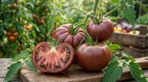 Sliced Black Krim tomato displaying its dark reddish-brown flesh and salty-sweet interior.