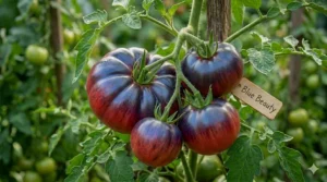 Blue Beauty heirloom tomato featuring dark metallic blue shoulders and a deep red base.