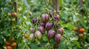 Elongated Brad's Atomic Grape tomatoes showing vibrant lavender and chartreuse stripes.
