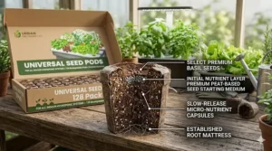 Illustration highlighting the value and quantity of a 128 pack of universal seed pods.