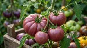 Deep dusky rose Cherokee Purple tomato, a popular rare heirloom variety with a rich sweet flavor.