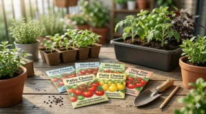 Various packets of determinate tomato seeds specifically bred for small container gardening.
