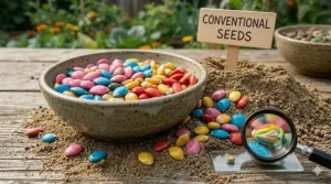 Illustration showing conventional seeds with a bright pink anti-fungal chemical coating compared to raw organic seeds.