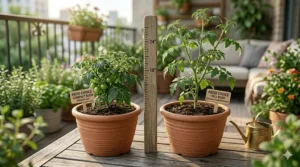 Illustration of the compact, bushy growth habit typical of determinate tomato seeds for containers.