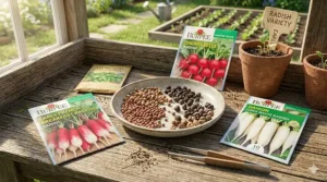 An illustration showing different types of radish seeds, including 'Cherry Belle' and 'Daikon Long White,' arranged on a wooden garden table for cool-season planting.