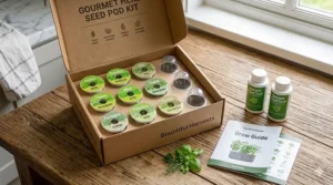 Overhead view of gourmet herb seed pod kit contents including pre-seeded pods, plant food, and domes.