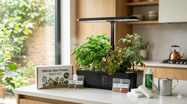A thriving indoor hydroponic garden using a grow anything seed kit with lush green herbs and bright LED lighting.